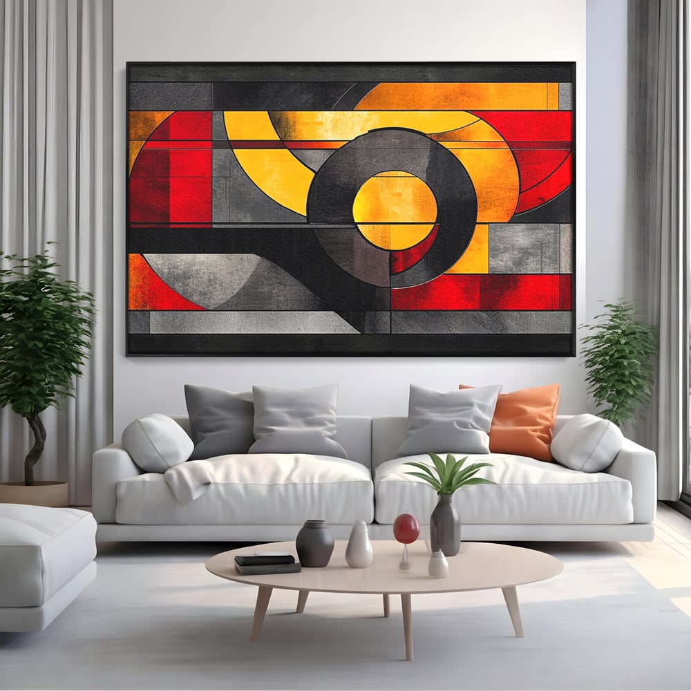 Tablou canvas cu tablou canvas cu forme geometrice abstracte, in rama de aluminiu negru, pe perete intr-un living